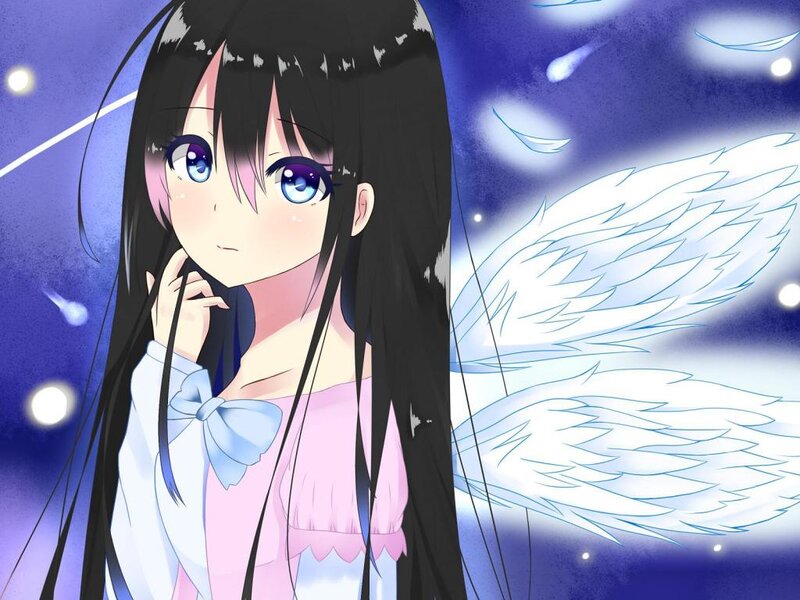 Anime Girl with Wings — Blue, Serene, Night, Stars, Night Sky