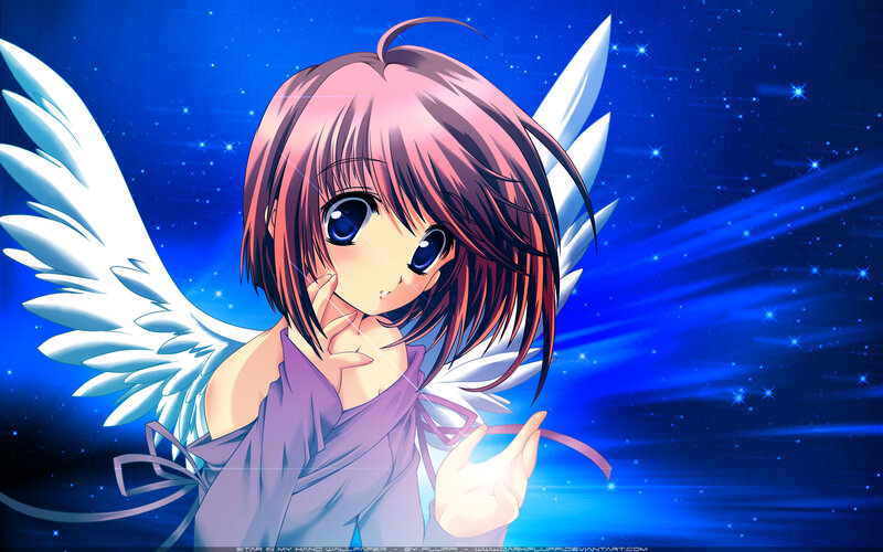 Anime Girl with Wings — Blue, Serene, Night, Stars