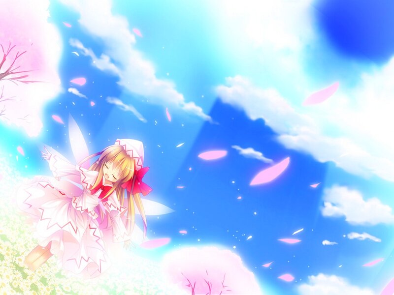 Anime Girl with Wings — Blue, Serene, Spring, Cherry Blossoms