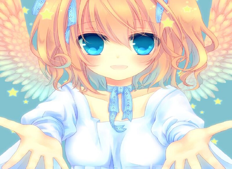 Anime Girl with Wings — Blue, Serene, Stars, Blue Eyes