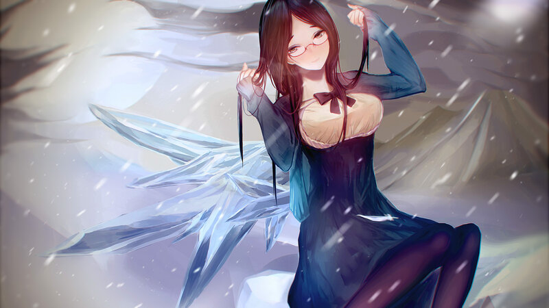 Anime Girl with Wings — Blue, Serene, Winter, Digital Art, Glasses
