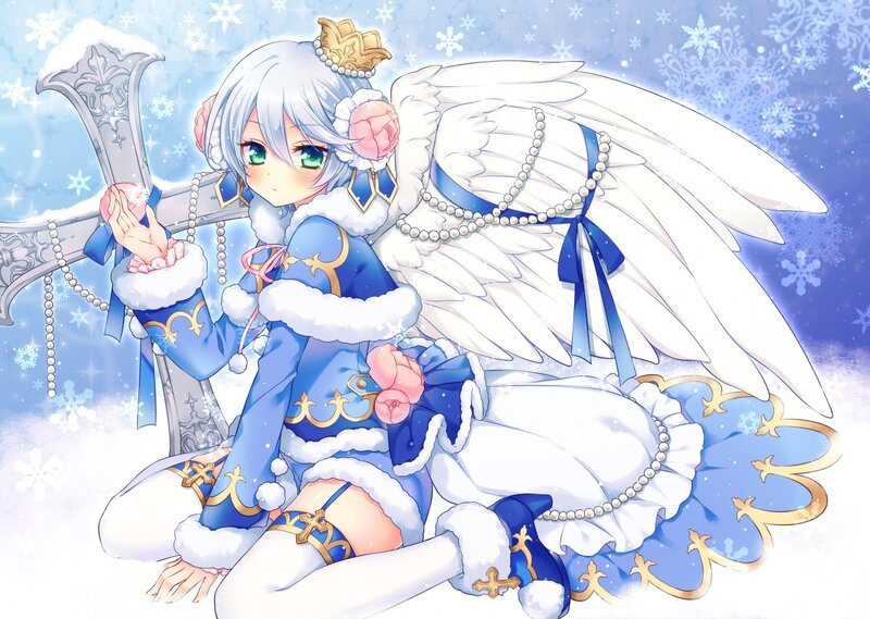 Anime Girl with Wings — Blue, Serene, Winter, Digital Art, Sword