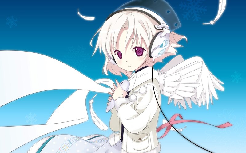 Anime Girl with Wings — Blue, Serene, Winter, Headphones