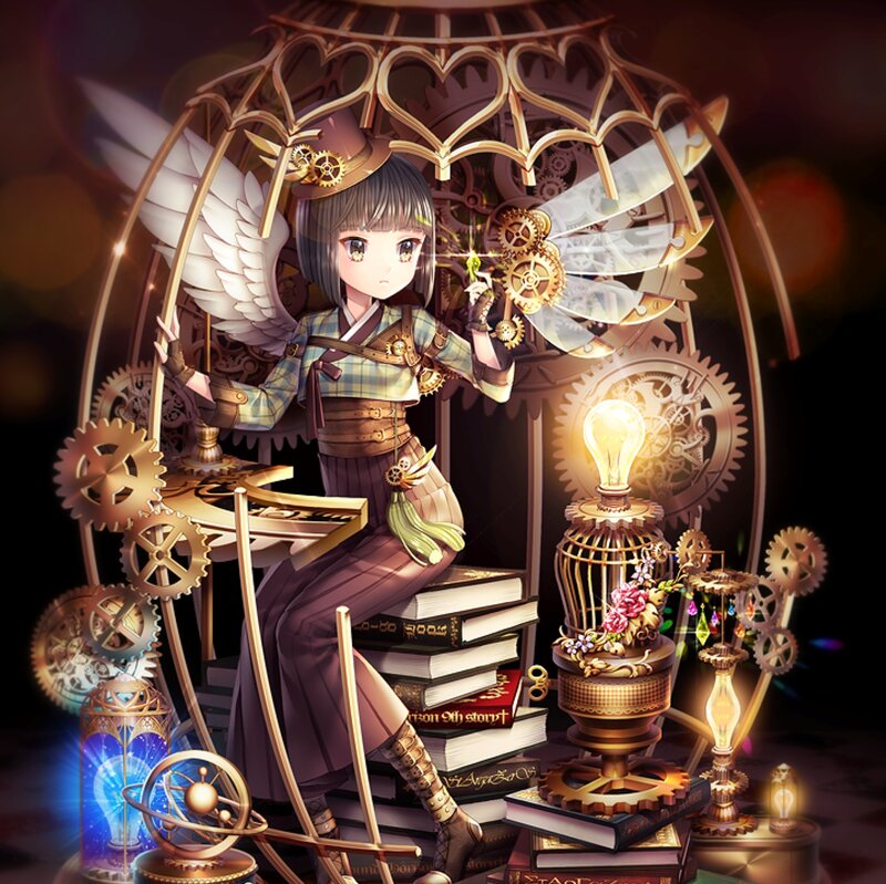 Anime Girl with Wings — Brown, Dramatic, Digital Art, Gears, Books