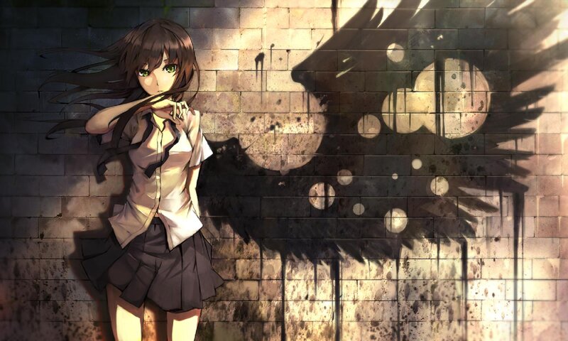 Anime Girl with Wings — Brown, Dramatic, Digital Art, Wall, School Uniform
