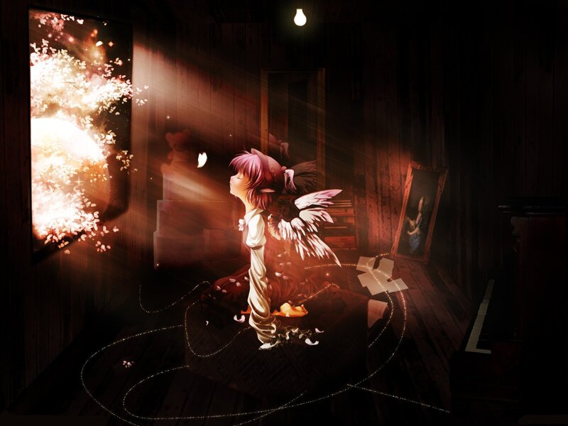Anime Girl with Wings — Brown, Dramatic, Night, Digital Art, Piano