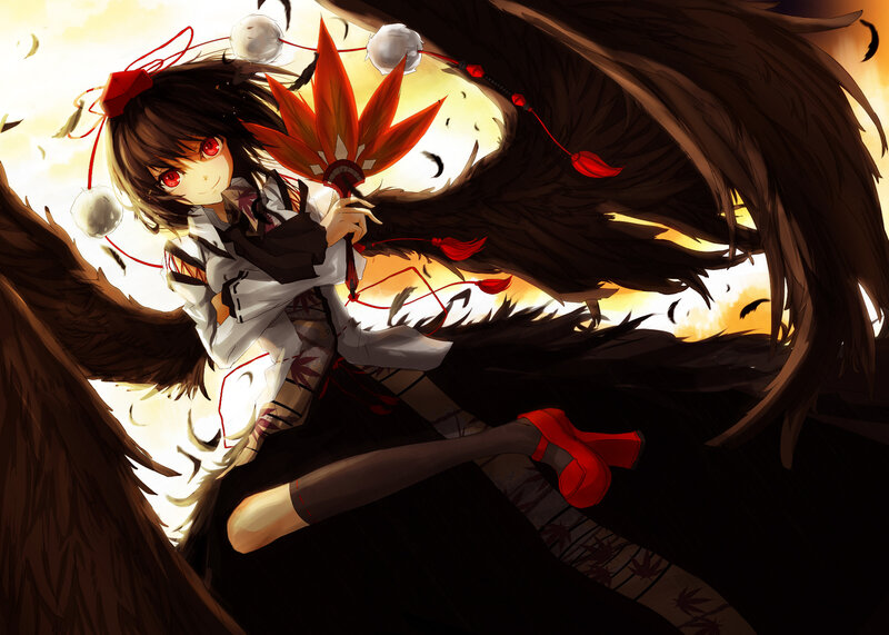 Anime Girl with Wings — Brown, Dramatic, Sunset, Red Eyes