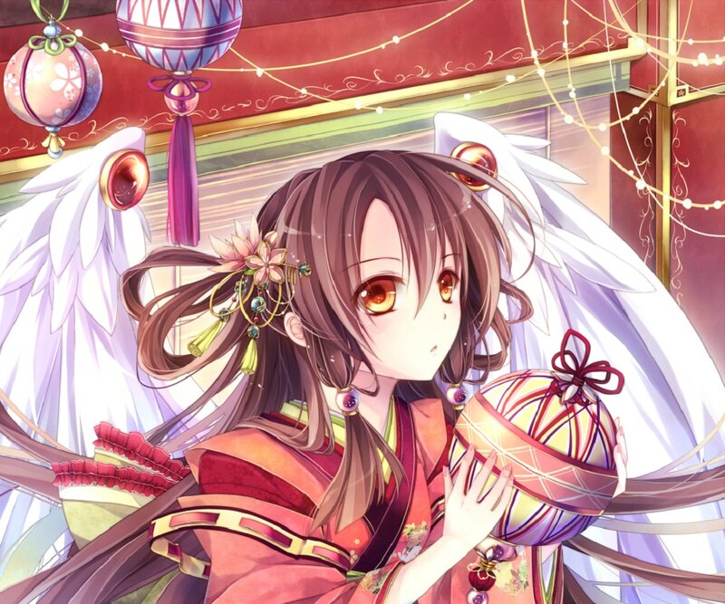 Anime Girl with Wings — Brown, Serene, Lanterns