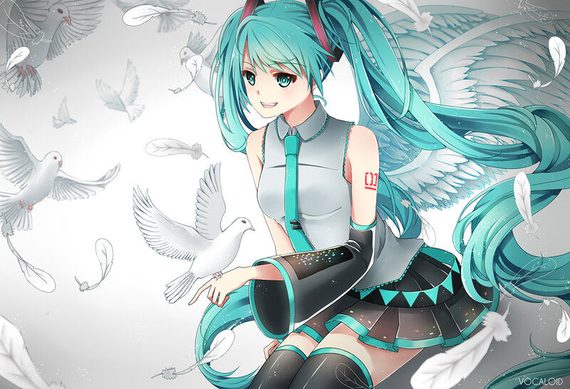 Anime Girl with Wings — Cyan, Serene, Digital Art, Doves