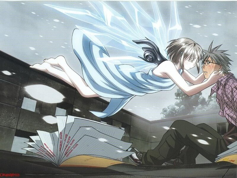 Anime girl with wings embracing a boy