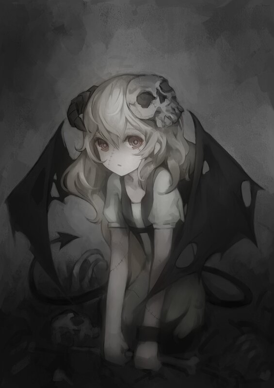Anime Girl with Wings — Gray, Dark