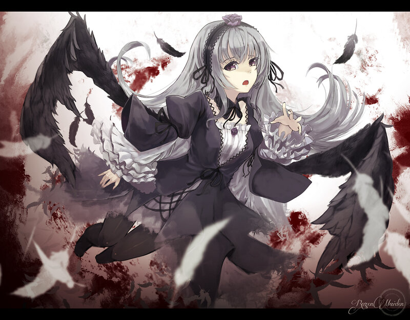 Anime Girl with Wings — Gray, Dramatic, Digital Art, Feathers