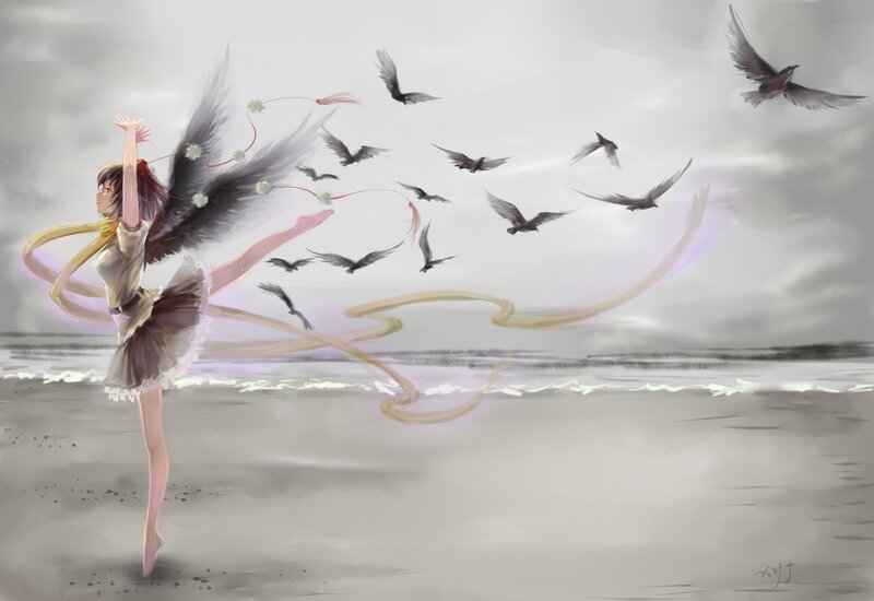 Anime Girl with Wings — Gray, Dramatic, Digital Art