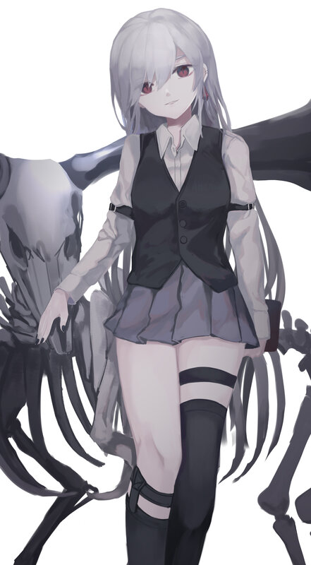 Anime Girl with Wings — Gray, Dramatic, Digital Art, White Hair