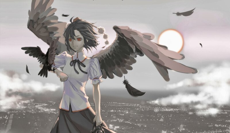 Anime Girl with Wings — Gray, Dramatic, Sunset