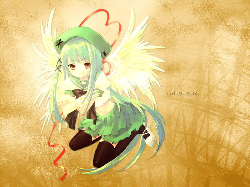 Anime Girl with Wings — Green, Calm, Digital Art, Hat