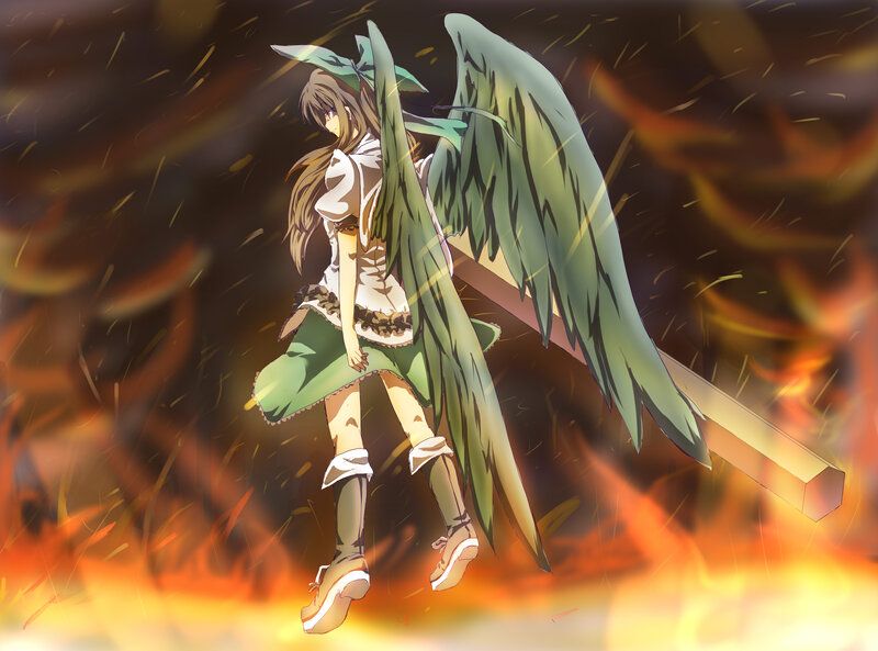 Anime Girl with Wings — Green, Dramatic, Fire