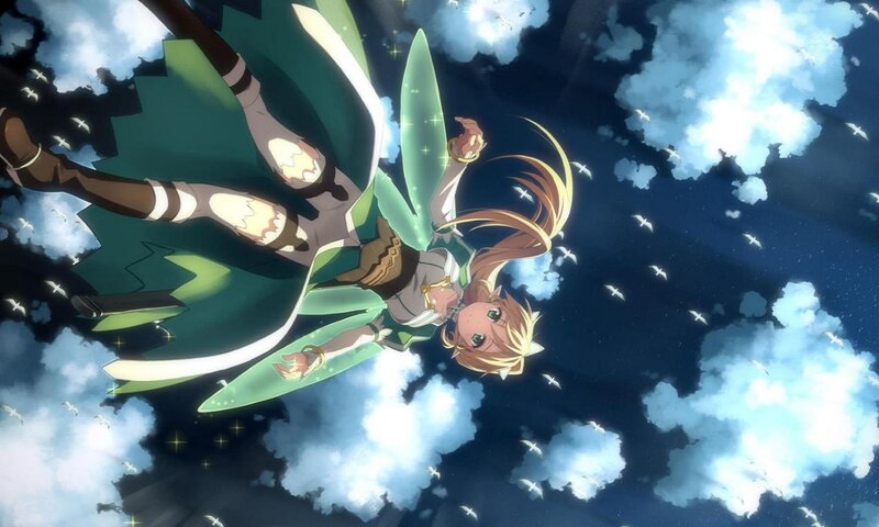 Anime Girl with Wings — Green, Dramatic, Night, Clouds, Birds