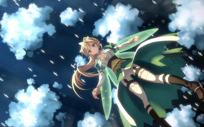 Anime Girl with Wings — Green, Dramatic, Night, Clouds