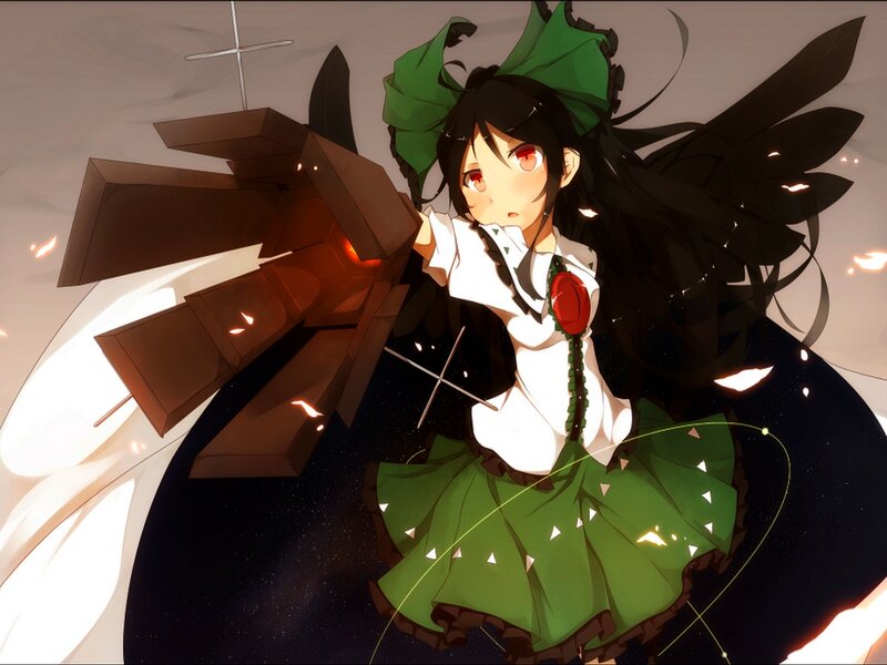 Anime Girl with Wings — Green, Dramatic, Night, Digital Art