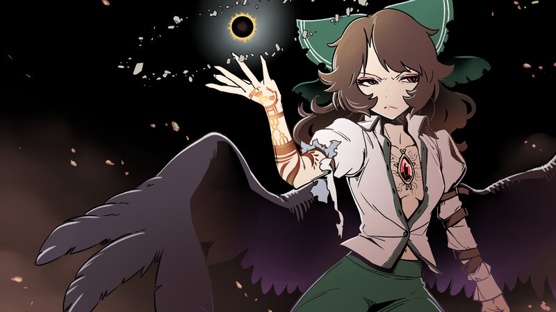 Anime Girl with Wings — Green, Dramatic, Night, Manga, Solar Eclipse