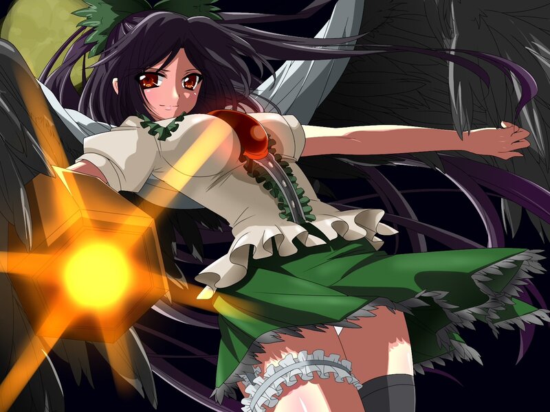 Anime Girl with Wings — Green, Dramatic, Night, Sword