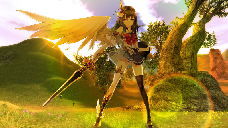 Anime Girl with Wings — Green, Dramatic, Sunset, Digital Art, Sword