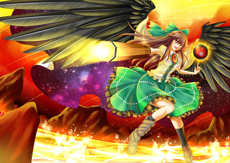 Anime Girl with Wings — Green, Dramatic, Sunset, Digital Art