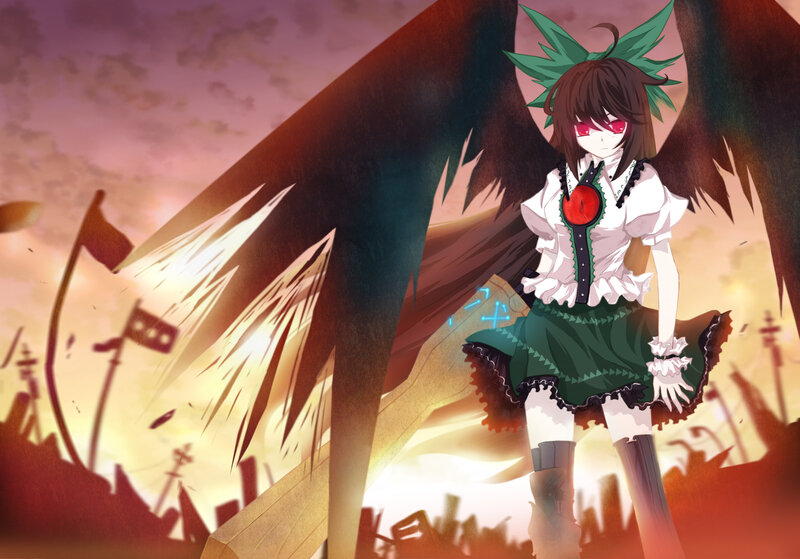 Anime Girl with Wings — Green, Dramatic, Sunset, Skirt