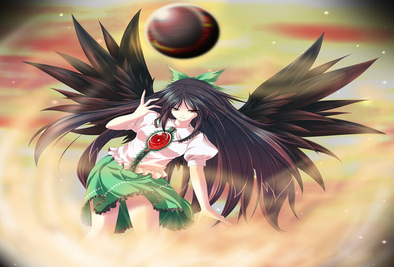 Anime Girl with Wings — Green, Dramatic, Sunset