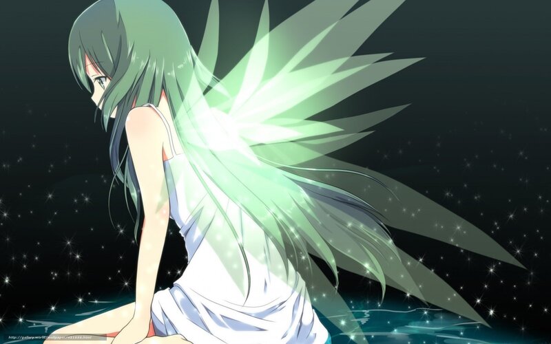 Anime Girl with Wings — Green, Serene, Night, Water