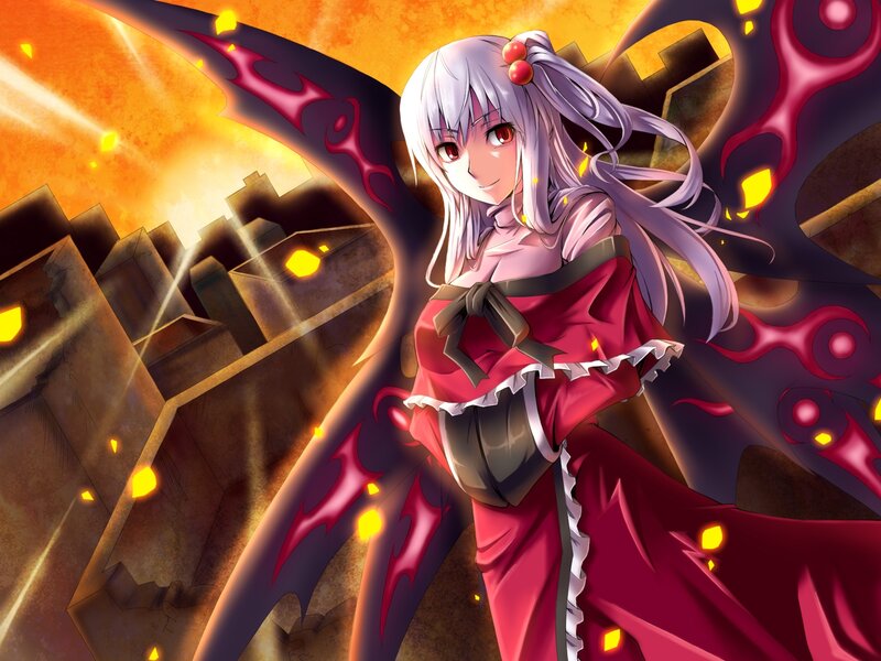 Anime girl with wings in a fiery landscape