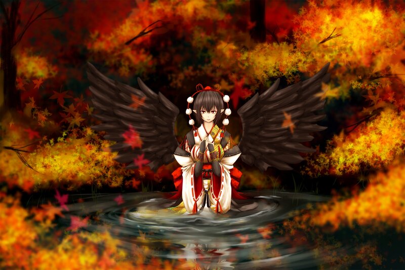 Anime girl with wings in autumn