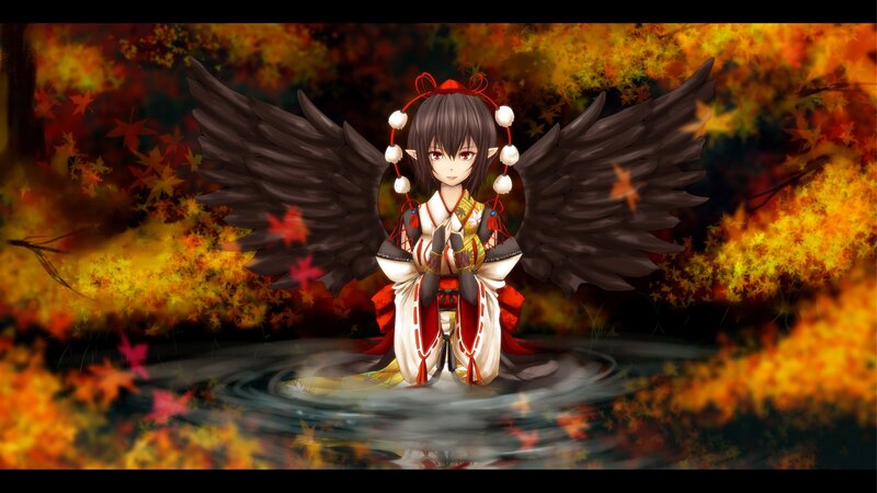 anime girl with wings in autumn