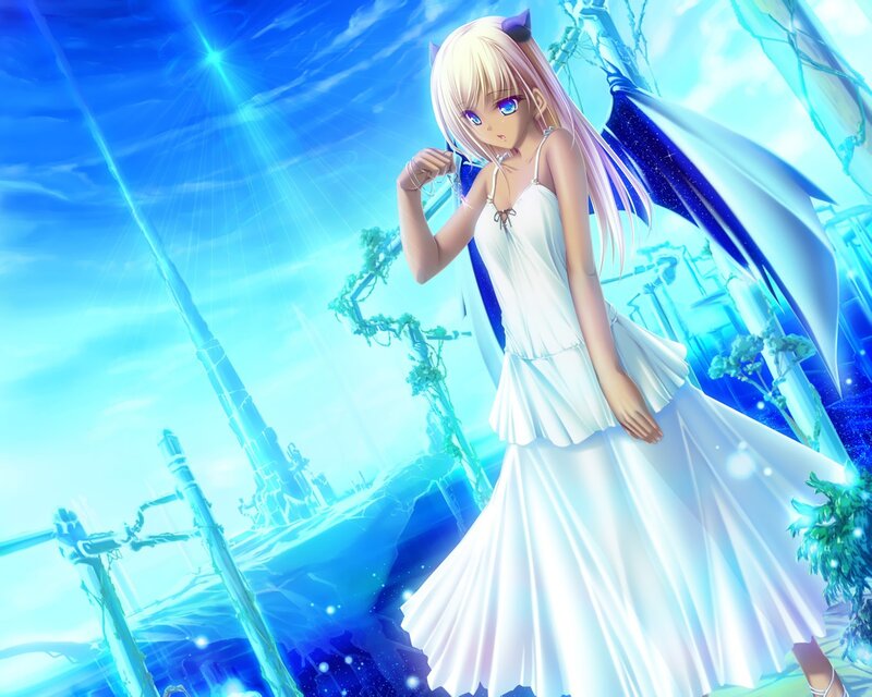 Anime girl with wings in blue world
