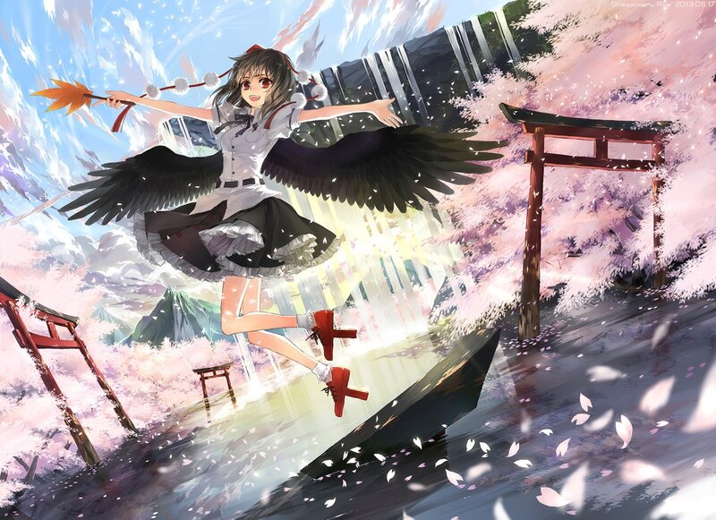 anime girl with wings in cherry blossom