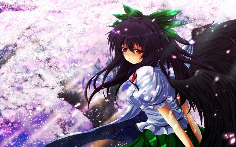 anime girl with wings in cherry blossoms