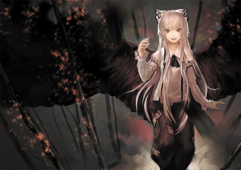 Anime girl with wings in dark forest