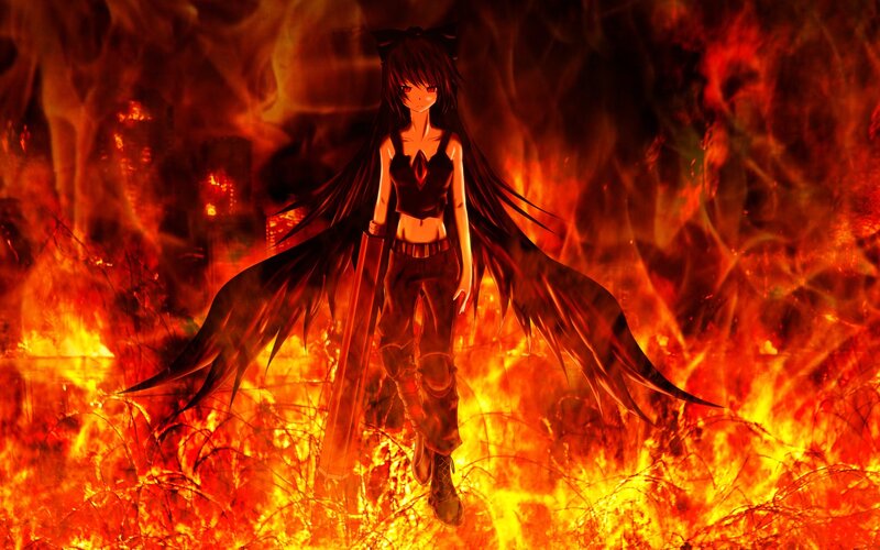 anime girl with wings in fire