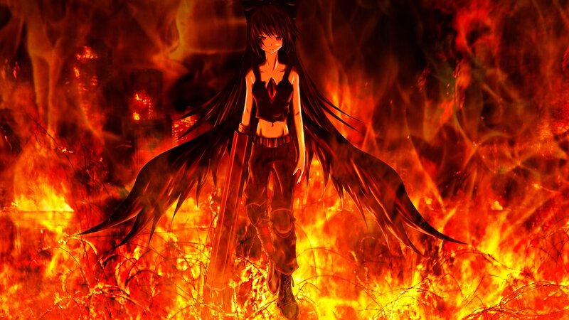 anime girl with wings in fire