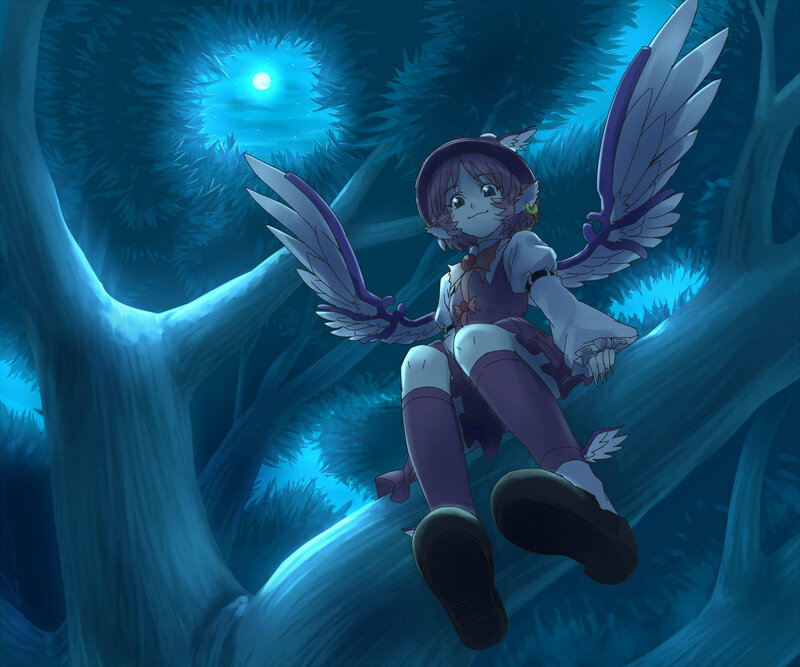 anime girl with wings in forest
