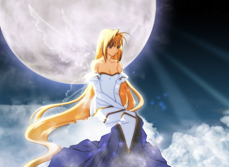 Anime girl with wings in moonlight
