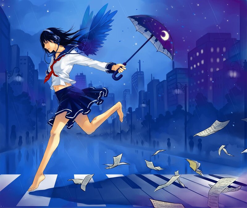 Anime girl with wings in rain