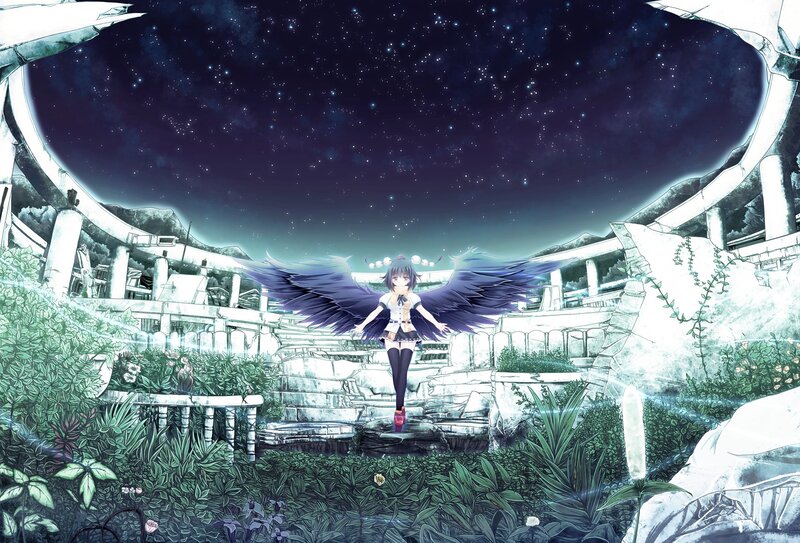 Anime girl with wings in ruins