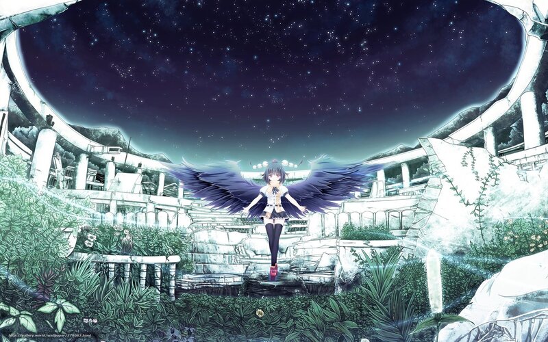 Anime girl with wings in ruins