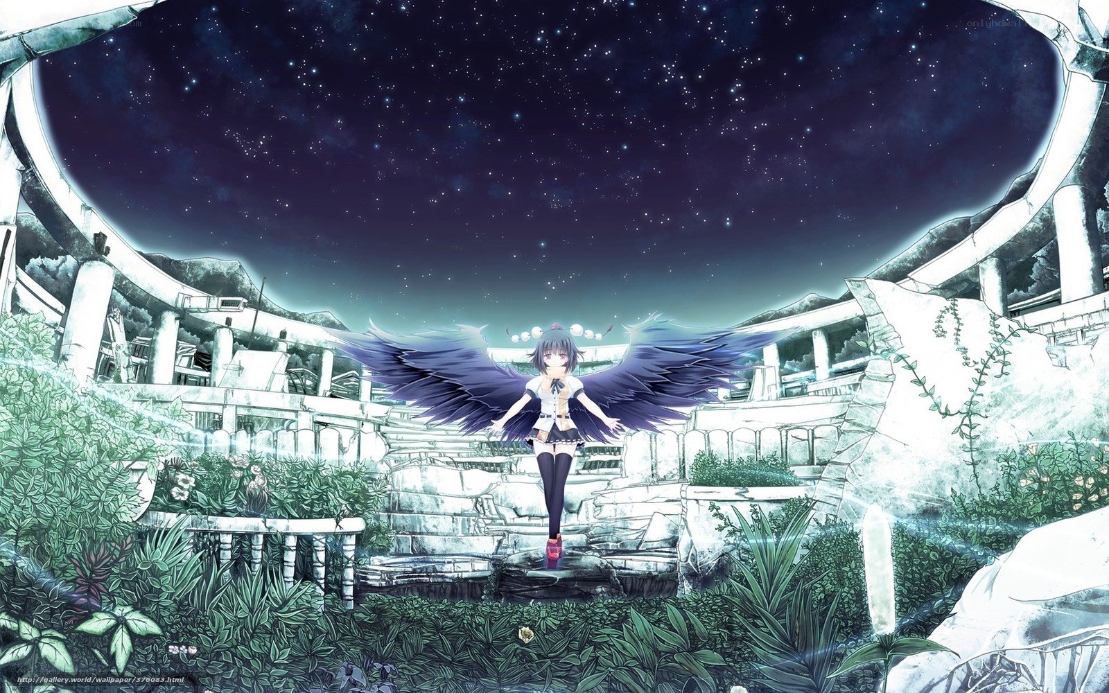 Anime girl with wings in ruins