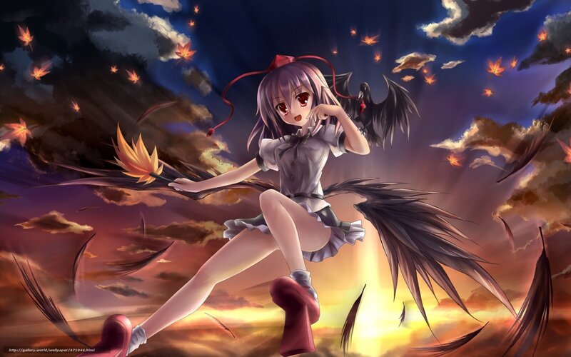 Anime girl with wings in sunset