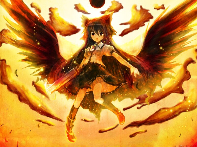 Anime Girl with Wings — Orange, Dramatic, Digital Art, Flames