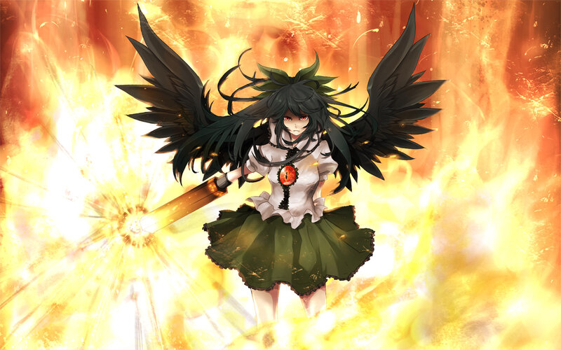 Anime Girl with Wings — Orange, Dramatic, Digital Art, Sword, Fire
