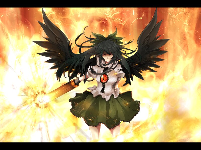 Anime Girl with Wings — Orange, Dramatic, Digital Art, Sword